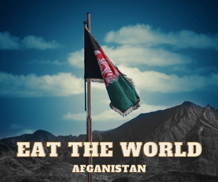 Okładka - flaga Afganistanu i podpis Eat The World Afganistan